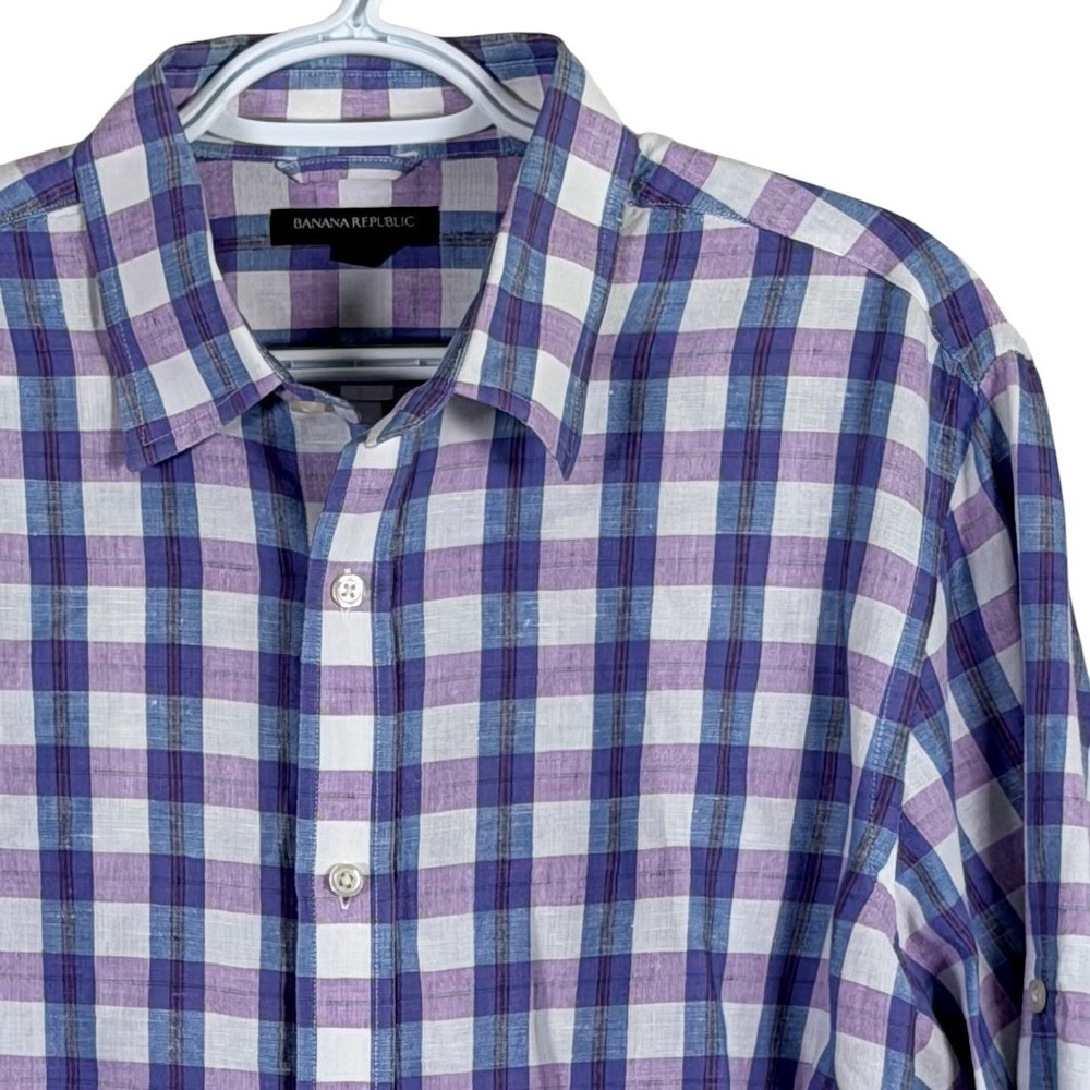Banana Republic Linen Blend Button Up Shirt Mens L Purple Plaid‎ Roll Tab Sleeve